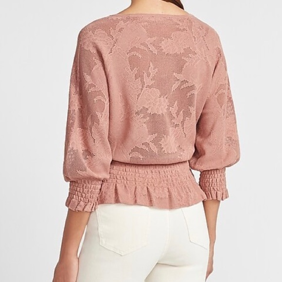 Express Lace Stitched Smocked Peplum Sweater Open Knit Rose Pink Romantic - Picture 5 of 9